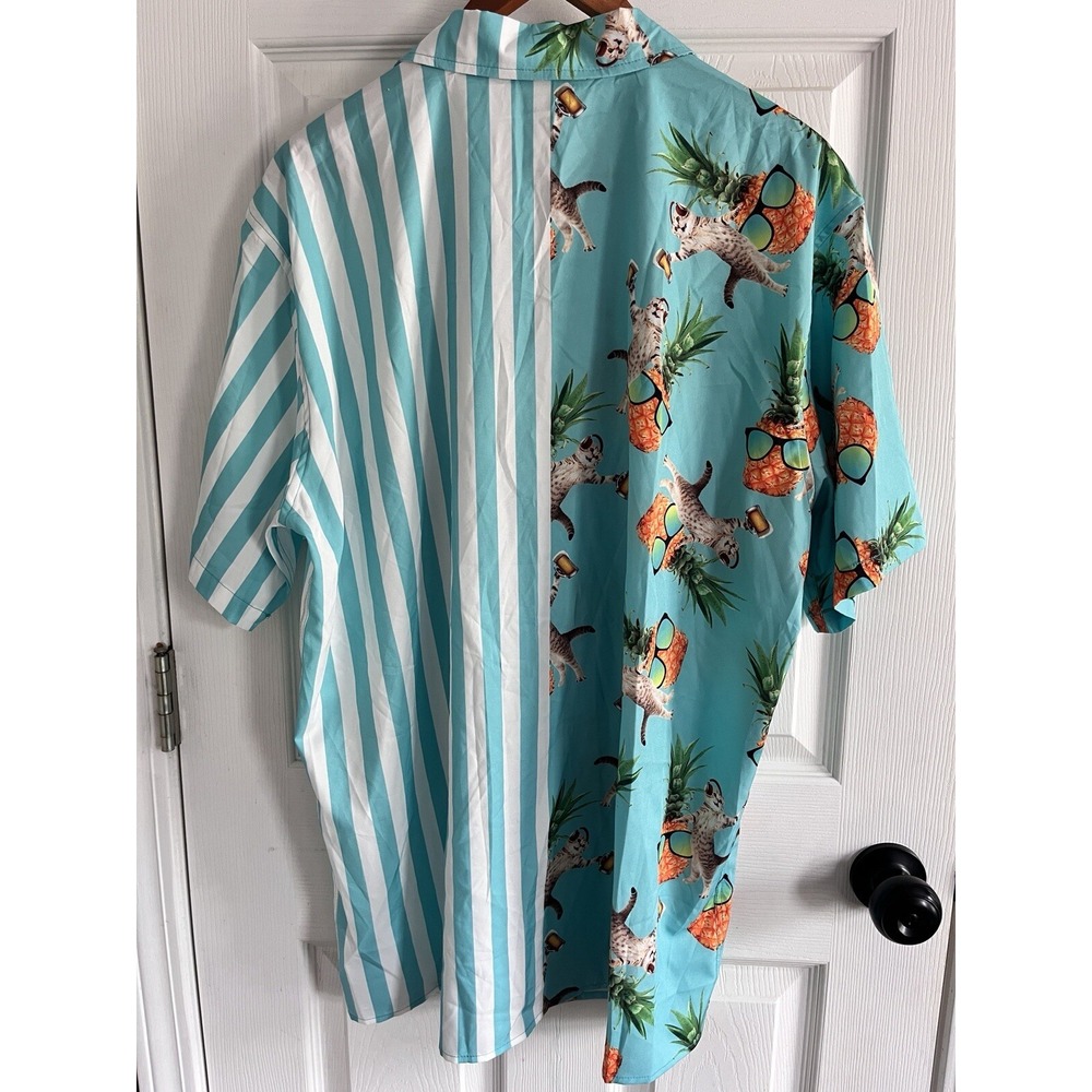Mens XL Tropical Cat Beer Pineapple Striped Split Button Down Shirt Blue White - Picture 3 of 6